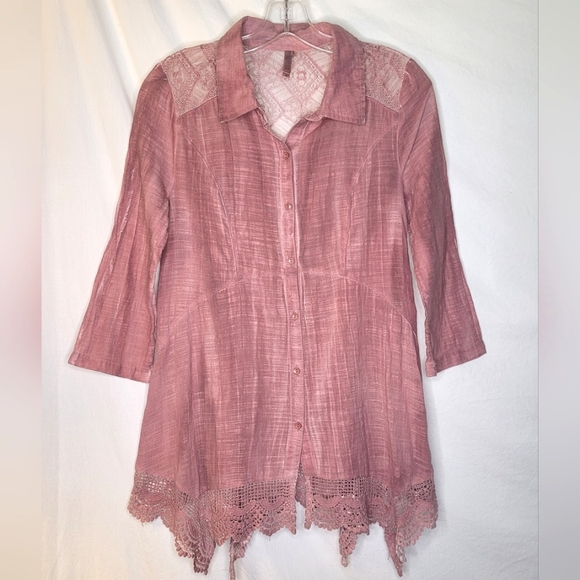 Monoreno Dusty Pink Blouse Top Medium Lace Trim Detail Beautiful LOOK 😍 - Picture 5 of 5